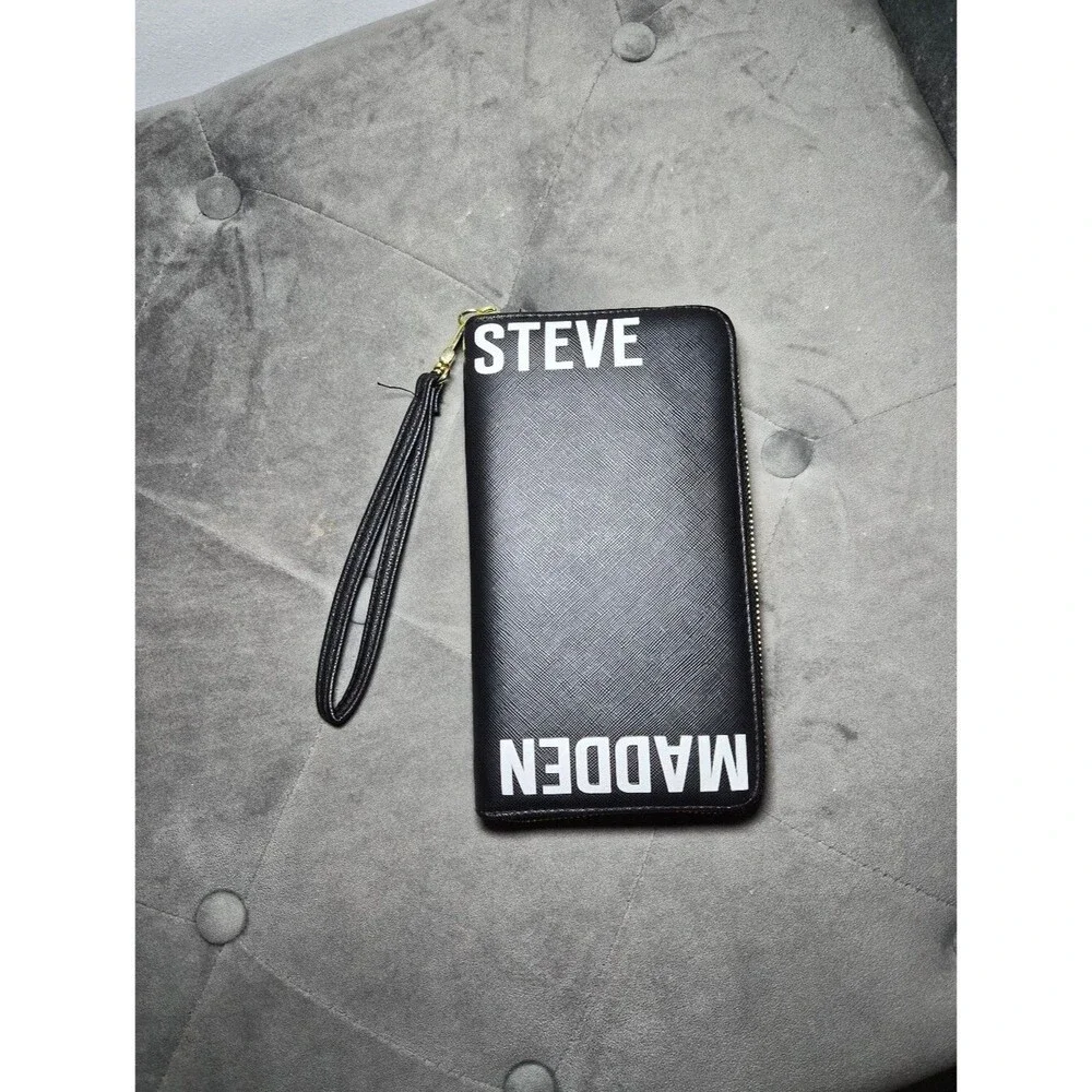 Steve Madden Black Wristlet Zip-Around Wallet with White Logo